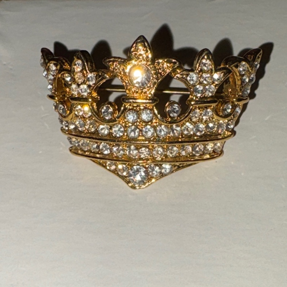 Gold Crown Brooch with Rhinestones